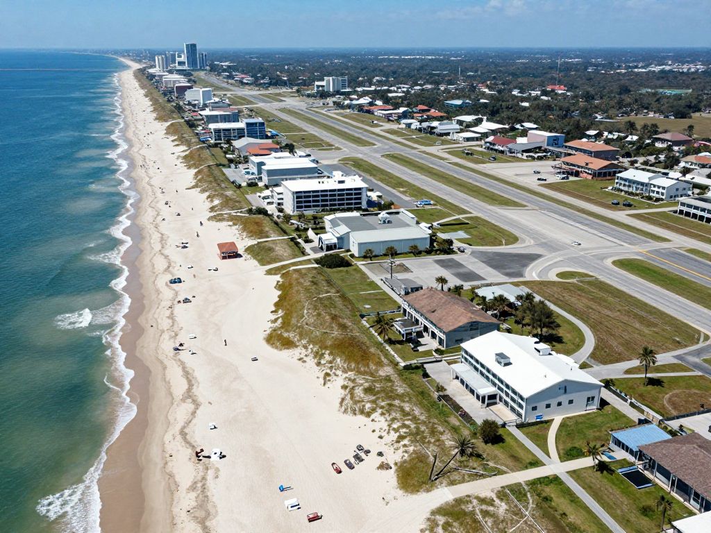 Aerial view of Myrtle Beach highlighting the beach and airport