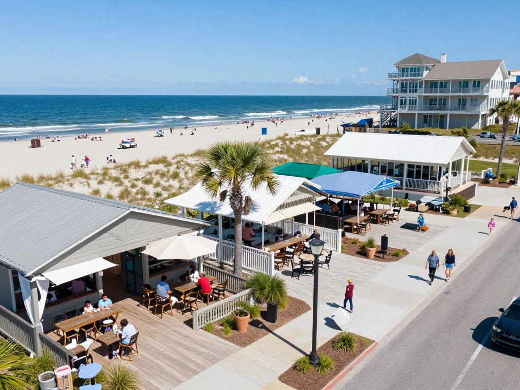 Coastal scene in Myrtle Beach showcasing attractions and dining