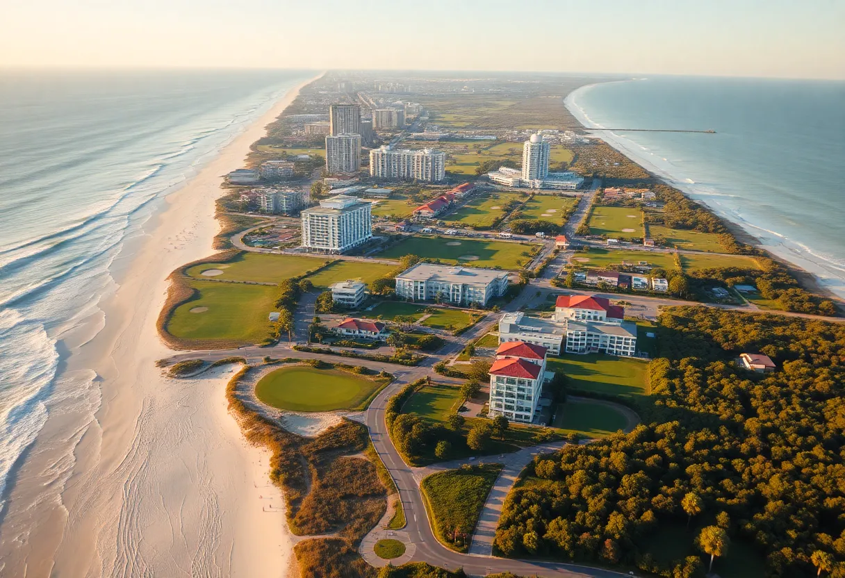 Aerial view of Myrtle Beach with golf courses and beaches
