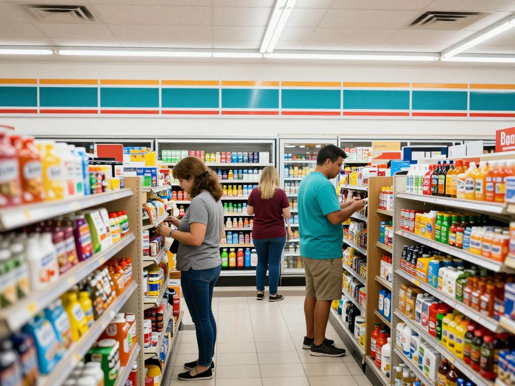 Convenience store in Myrtle Beach with customers and products displayed.
