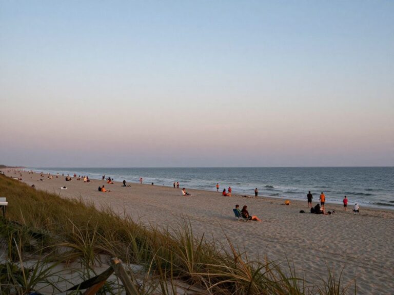Dusk at Myrtle Beach with families enjoying a peaceful evening.