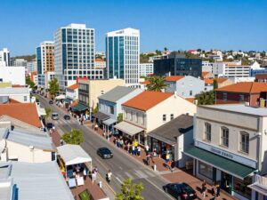 A bustling scene of Myrtle Beach showcasing local businesses and infrastructure.