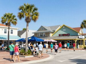 A bustling scene of Myrtle Beach showcasing vibrant local businesses and tourists.
