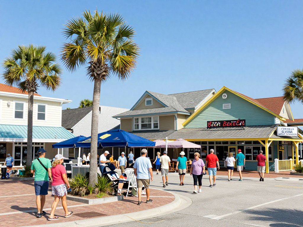 A bustling scene of Myrtle Beach showcasing vibrant local businesses and tourists.
