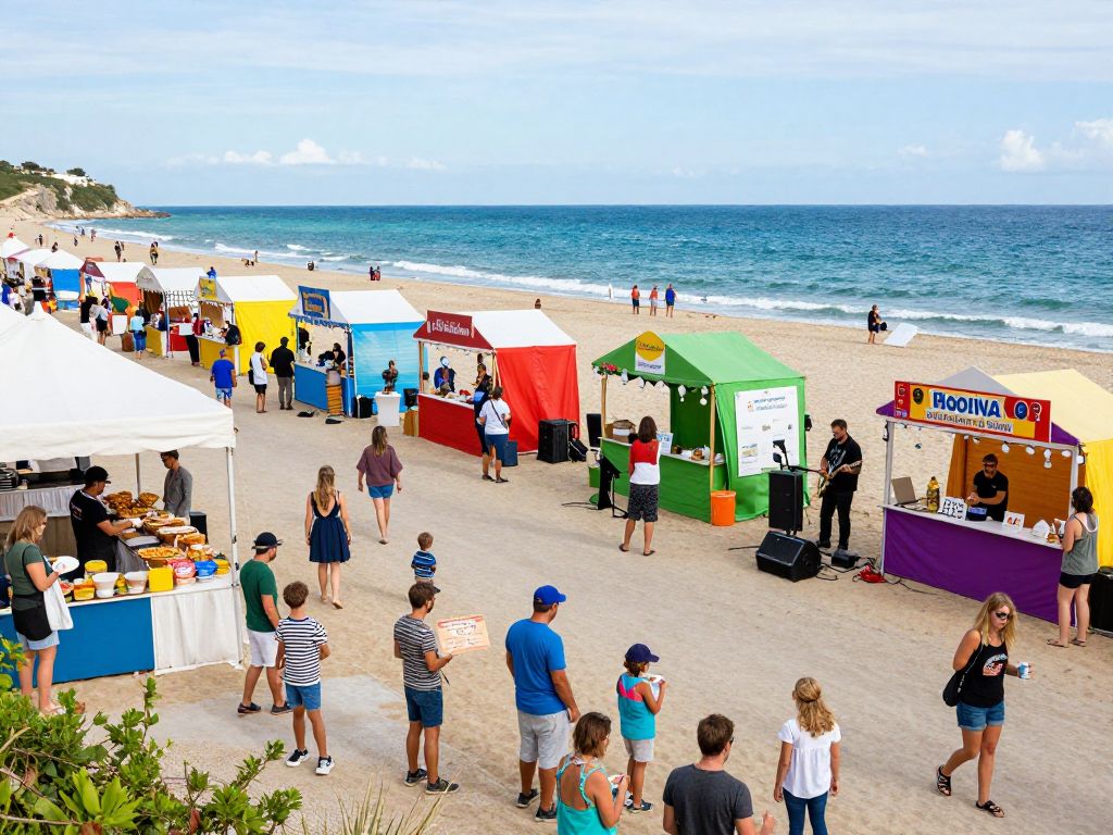 Crowd enjoying a festive event at Myrtle Beach, showcasing stalls and entertainment