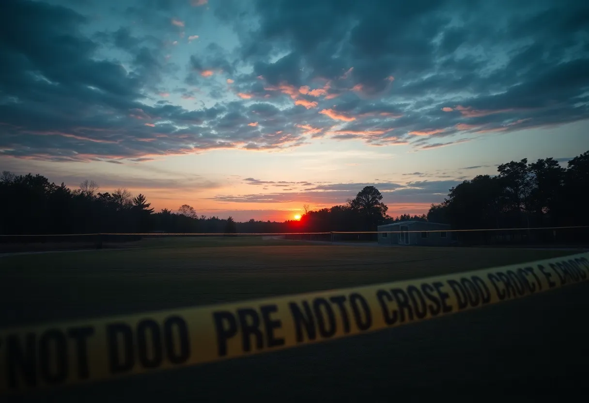 Abandoned golf course with police tape indicating an investigation in Myrtle Beach