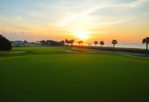 A tranquil golf course in Myrtle Beach during sunset