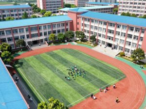 Aerial view of Myrtle Beach High School campus with students participating in diverse activities.