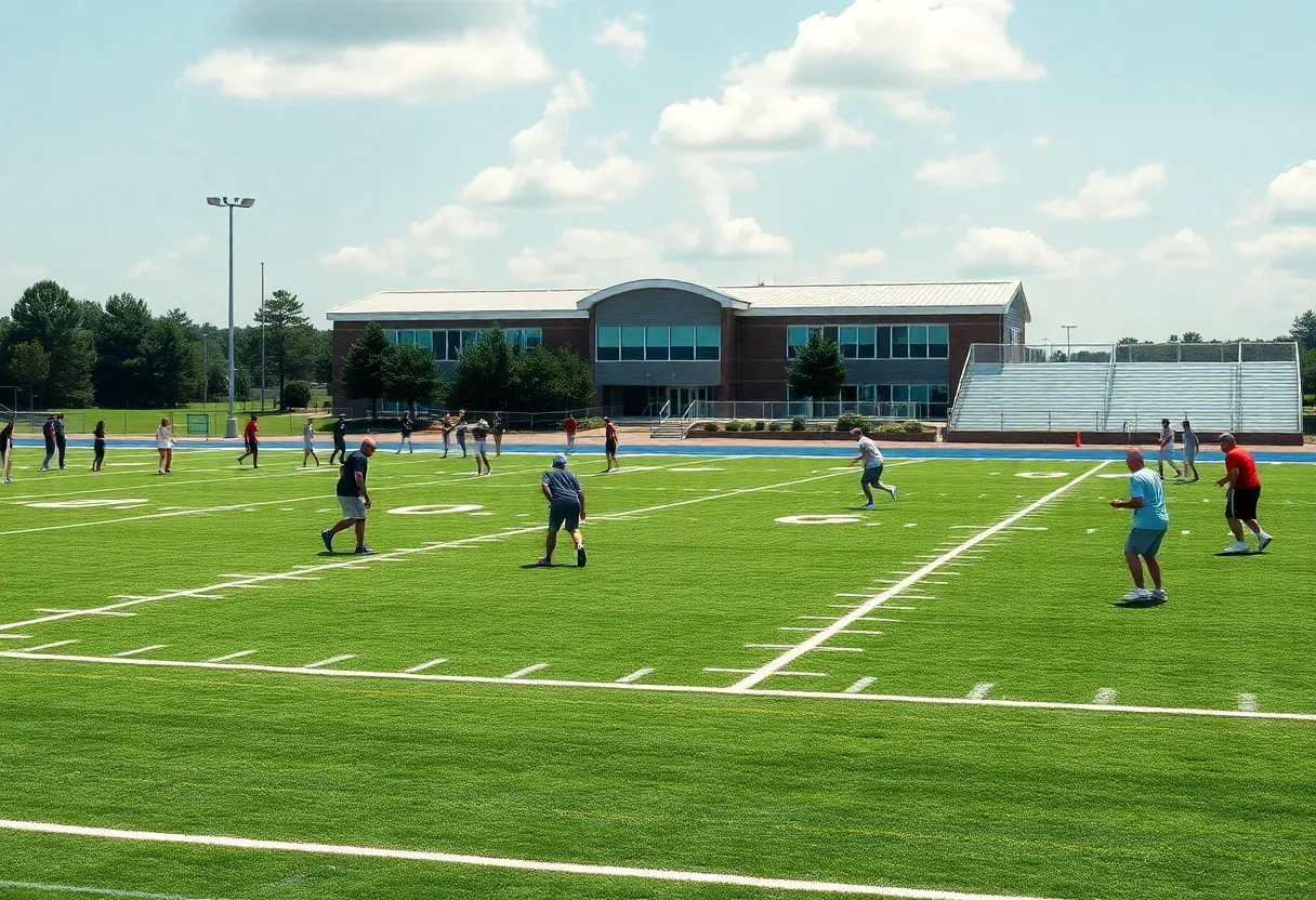 Students practicing on the football field at Myrtle Beach High School