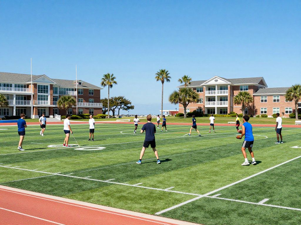 Students participating in sports activities on a college campus in Myrtle Beach