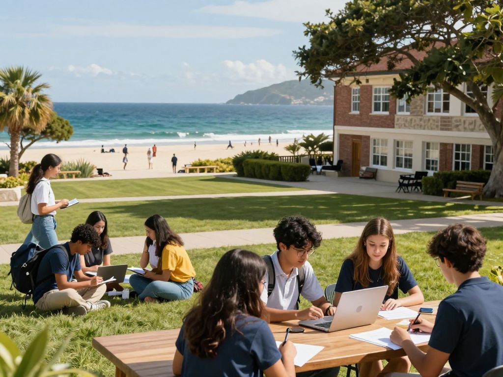 Students engaged in academic activities on a coastal university campus