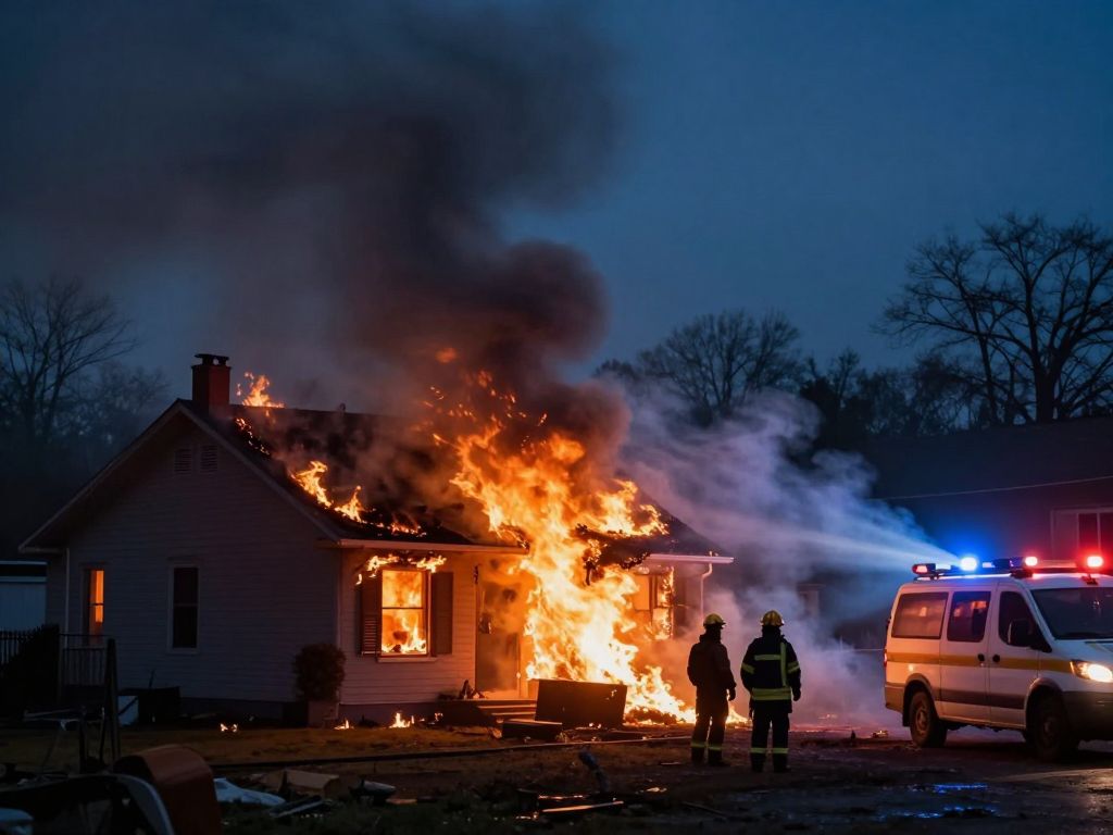 House fire in Myrtle Beach at night with emergency response