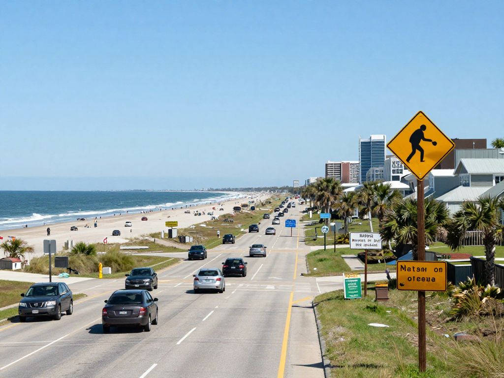 Highway and beach scene in Myrtle Beach, SC