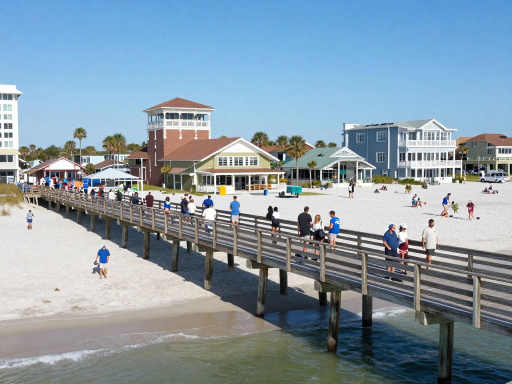A view of the Surfside Beach pier with local businesses in the background
