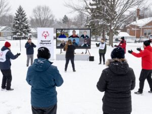 Participants engaging in a virtual Myrtle Beach Polar Plunge event in wintry weather.