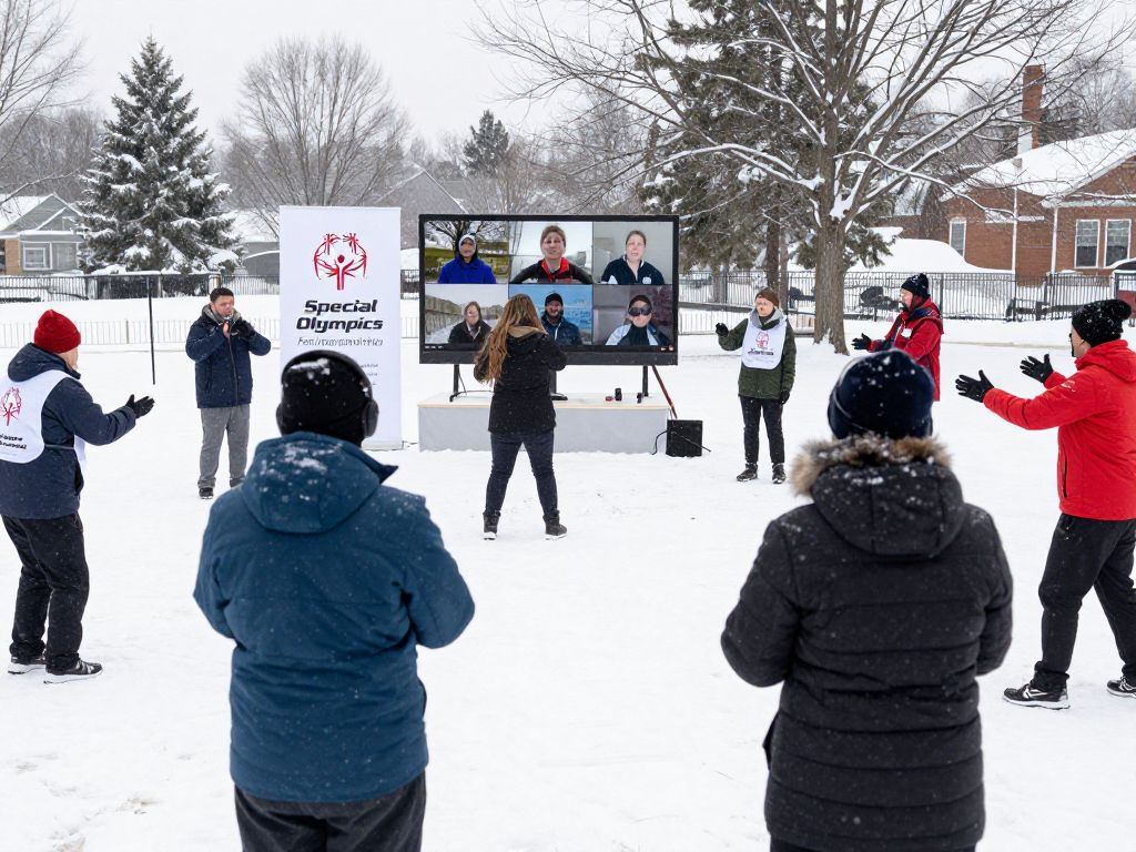Participants engaging in a virtual Myrtle Beach Polar Plunge event in wintry weather.