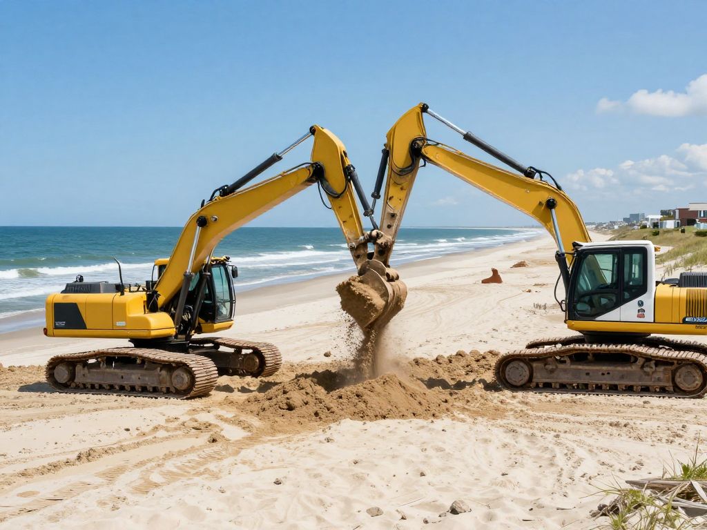 Myrtle Beach undergoing beach renourishment with machinery and sand.