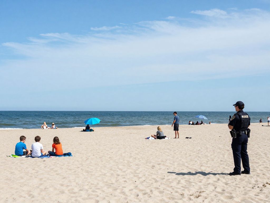 Families enjoying Myrtle Beach with a police officer nearby.