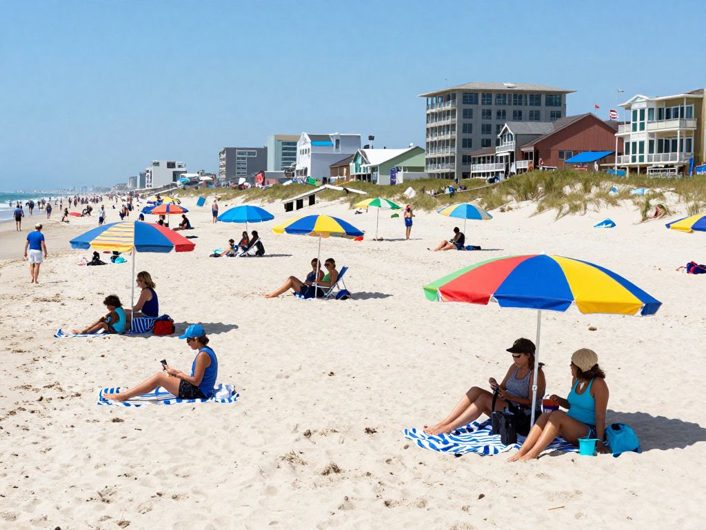 Families enjoying their time at Myrtle Beach with umbrellas and the boardwalk.