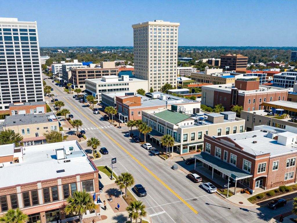 Urban landscape of Myrtle Beach featuring community and businesses.