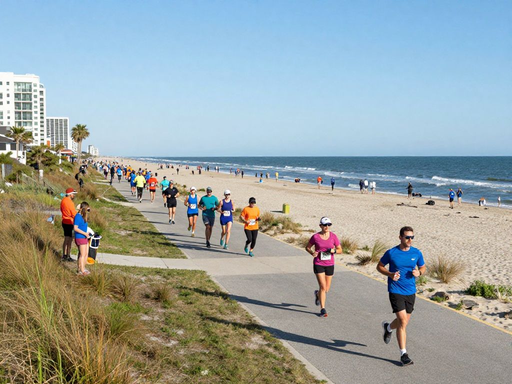 Participants running along the Myrtle Beach coastline for a virtual run