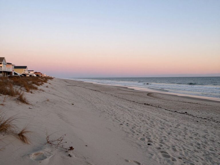Pastel sunset over Myrtle Beach with empty beach in winter
