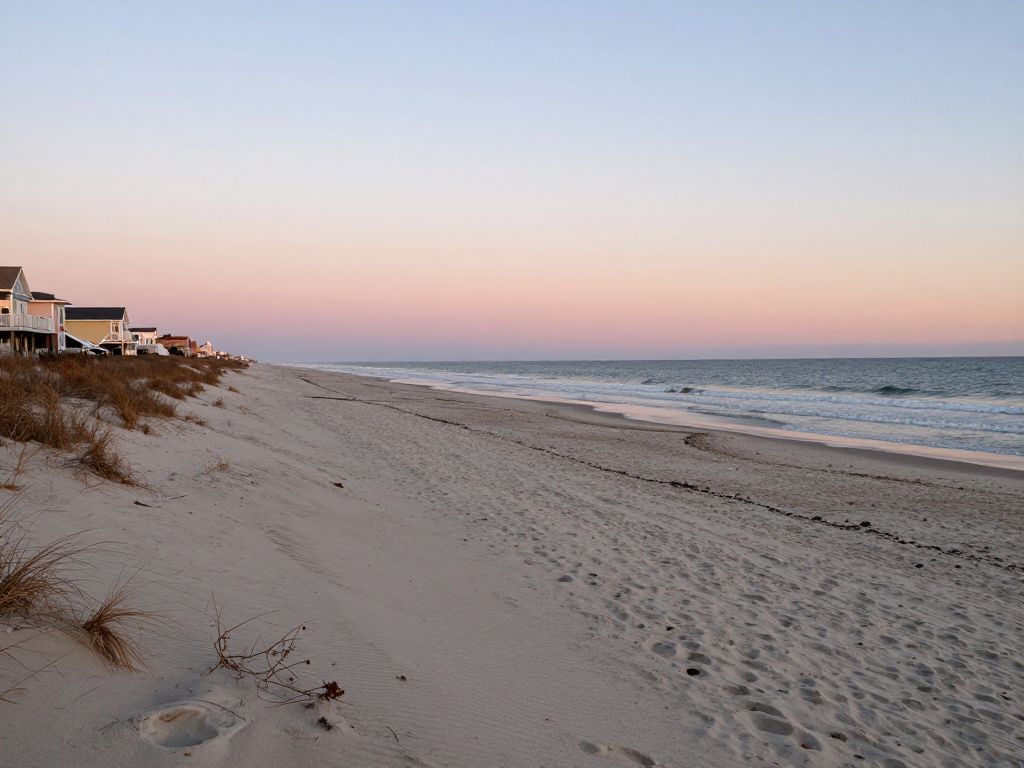 Pastel sunset over Myrtle Beach with empty beach in winter