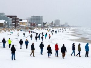 Snow covered beach in Myrtle Beach with winter weather impacts