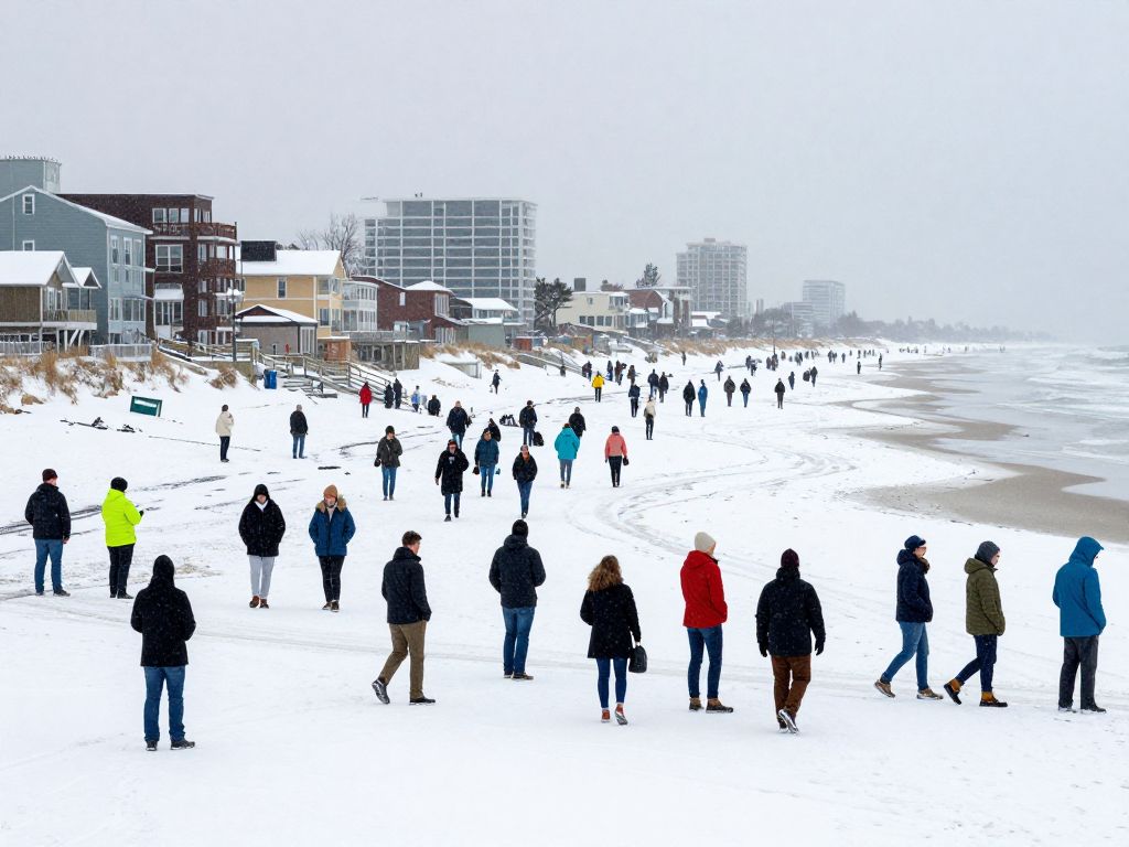 Snow covered beach in Myrtle Beach with winter weather impacts