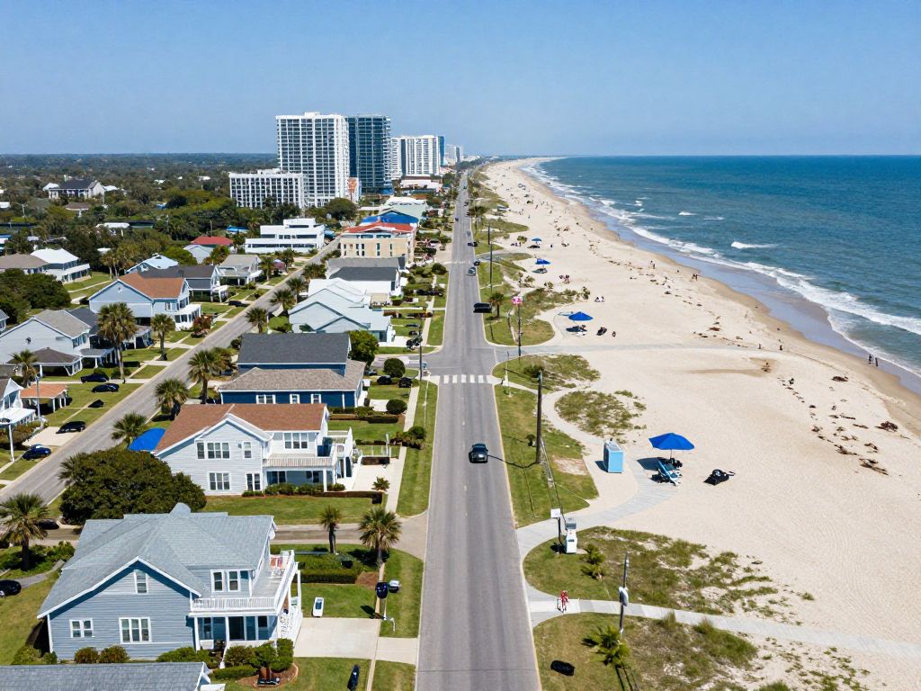 A vibrant scene of North Myrtle Beach emphasizing the balance of residential and tourism life.