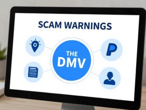 Illustration depicting scam warnings related to DMV and PayPal
