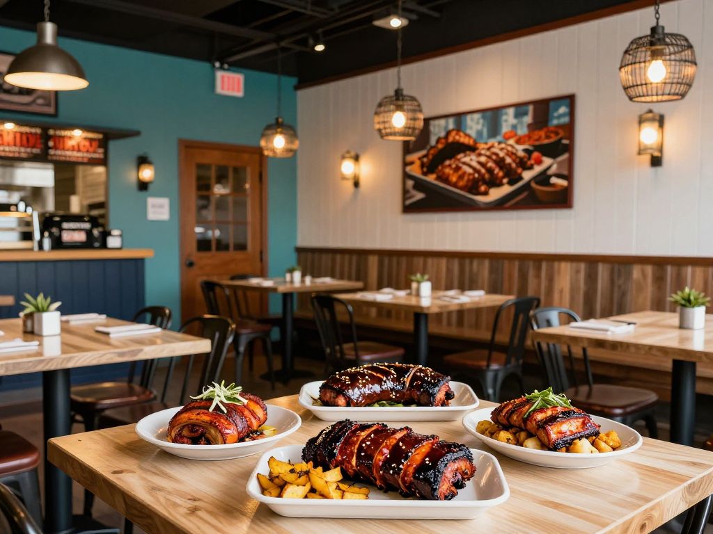 Interior view of Old South BBQ restaurant with vibrant decor and barbecue dishes