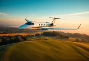 Private jet flying over a golf course