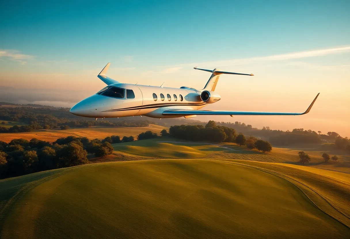 Private jet flying over a golf course