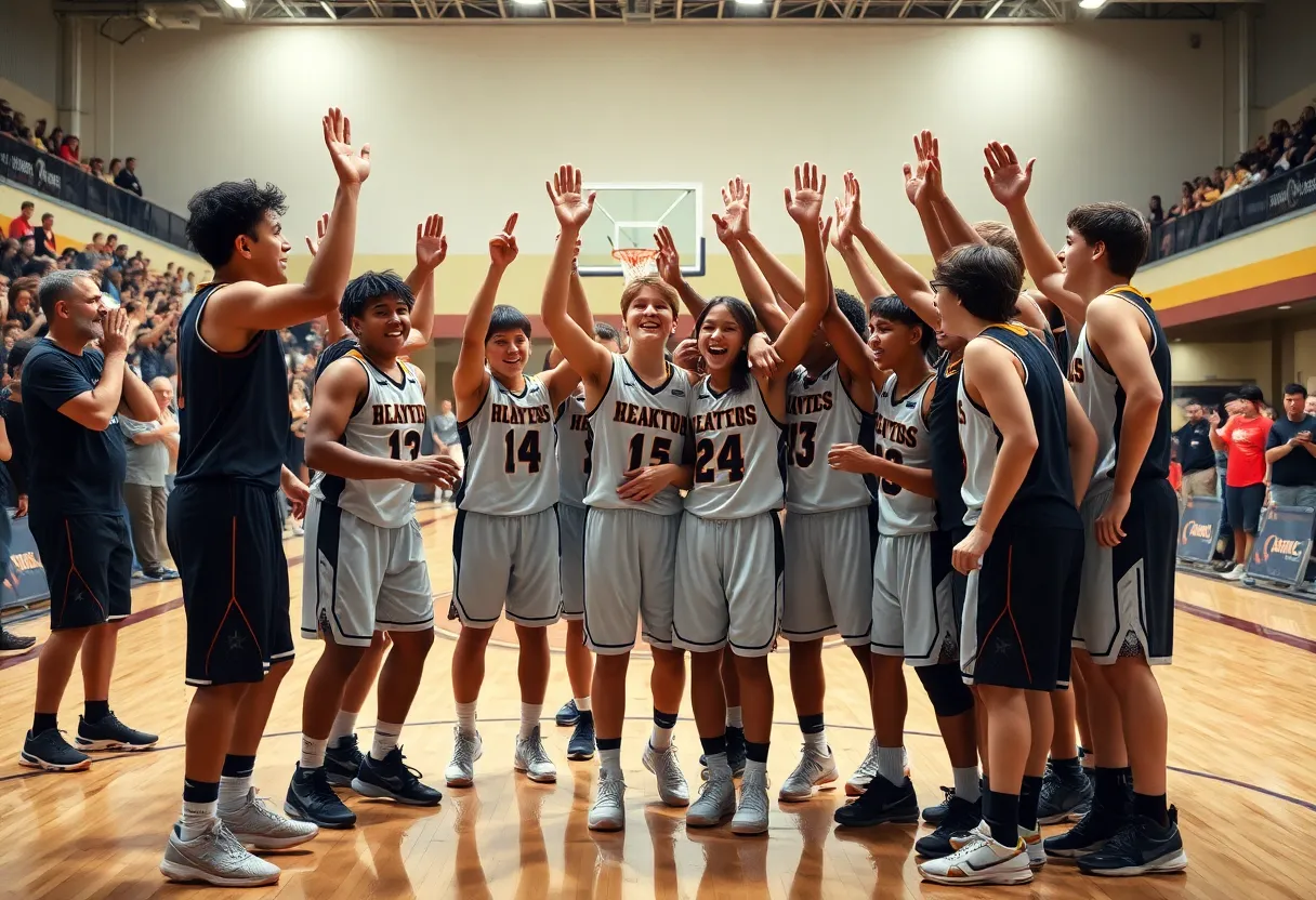 Parkersburg High School basketball team celebrating their win over Hurricane