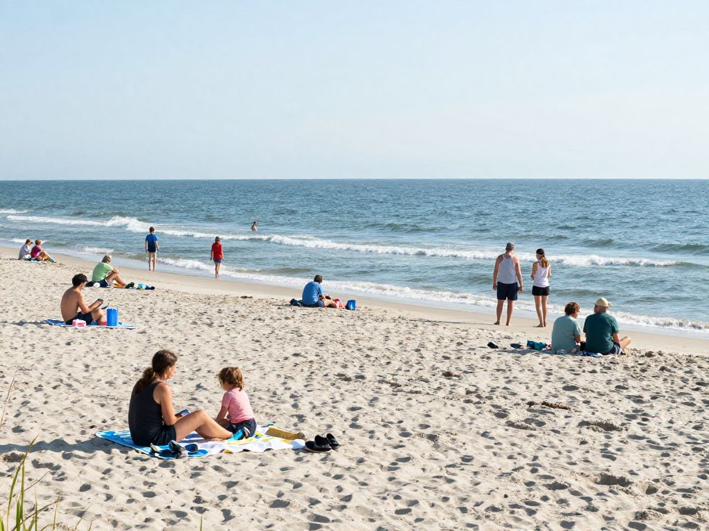 A peaceful beach scene in North Myrtle Beach showing families and tranquility.