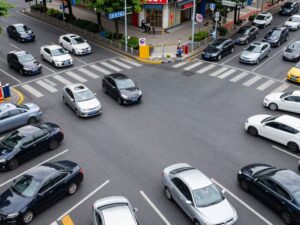 Traffic scene highlighting road rage potential