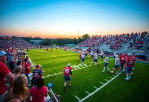 High school sports event in Myrtle Beach with teams playing football.