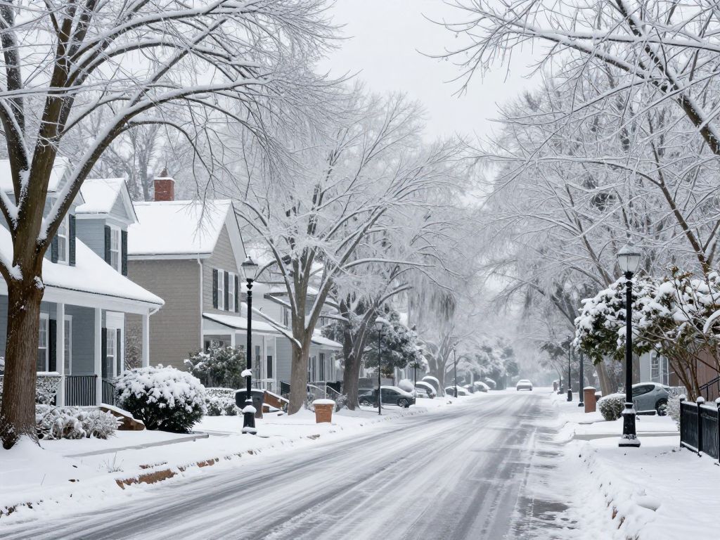 Snow-covered street in South Carolina during a winter storm