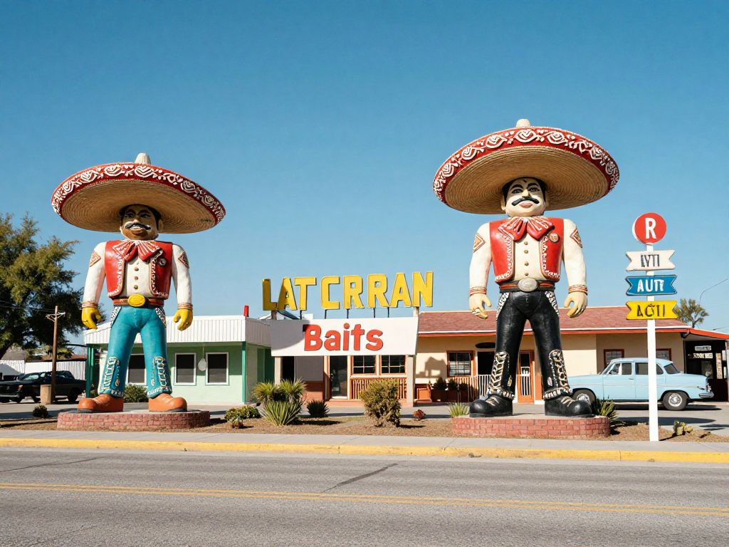 Colorful Mexican-themed roadside attraction with large sculptures