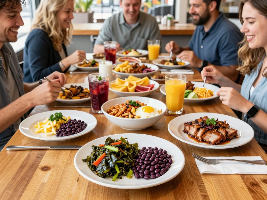 A festive Southern New Year meal with collard greens, black-eyed peas, and pork dishes at a Myrtle Beach restaurant