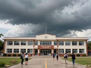 School building under stormy skies representing early dismissal due to weather