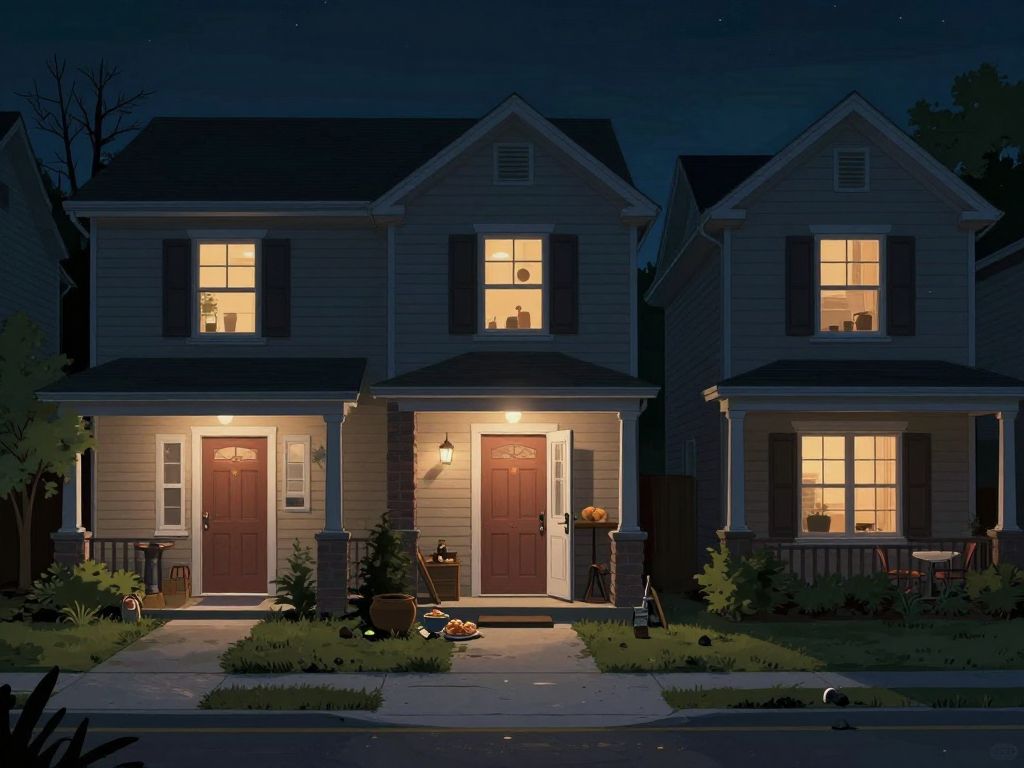 Illustration of a suburban neighborhood with food items scattered at the entrances of homes