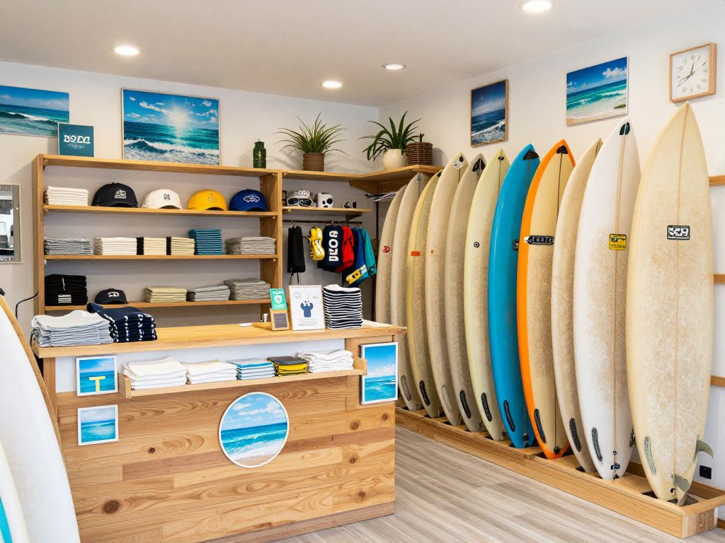 Interior of Surf City Surf Shop with surfboards and beach gear