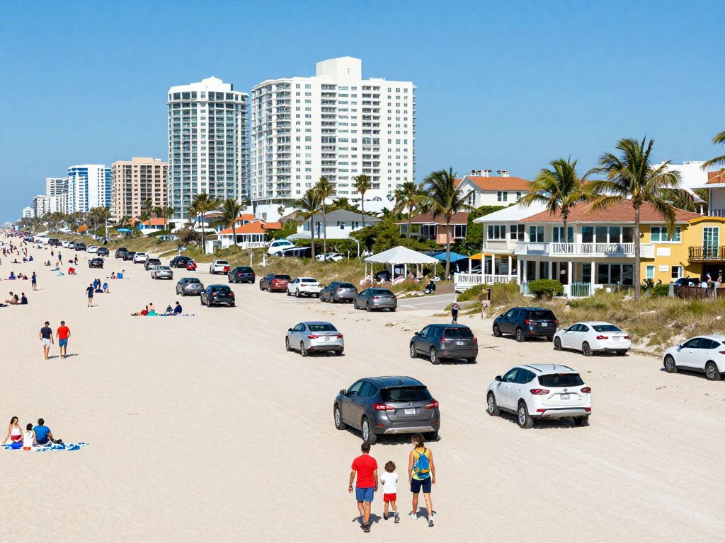Parking facilities at Surfside Beach with beachgoers and local businesses.