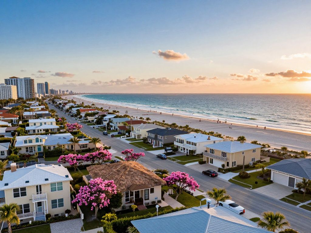 Houses along Surfside Beach with a coastal sunset.