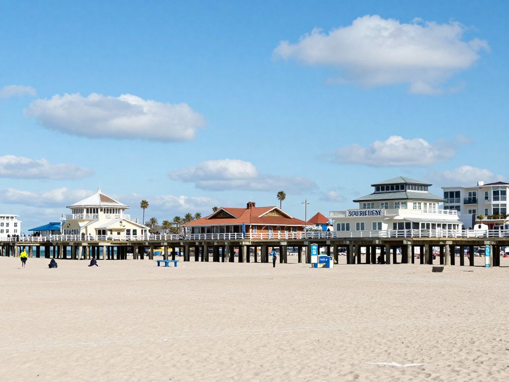 Surfside Beach pier with local businesses during winter
