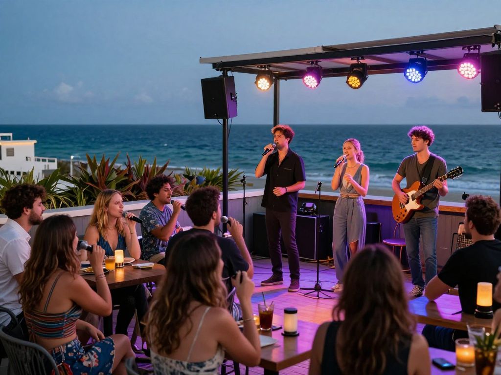 People enjoying karaoke on the rooftop of Tin Roof overlooking Myrtle Beach.