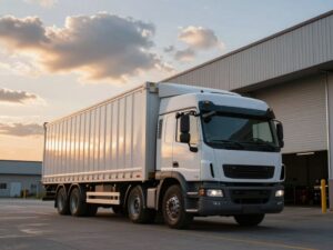 Freight truck parked outside closed warehouse