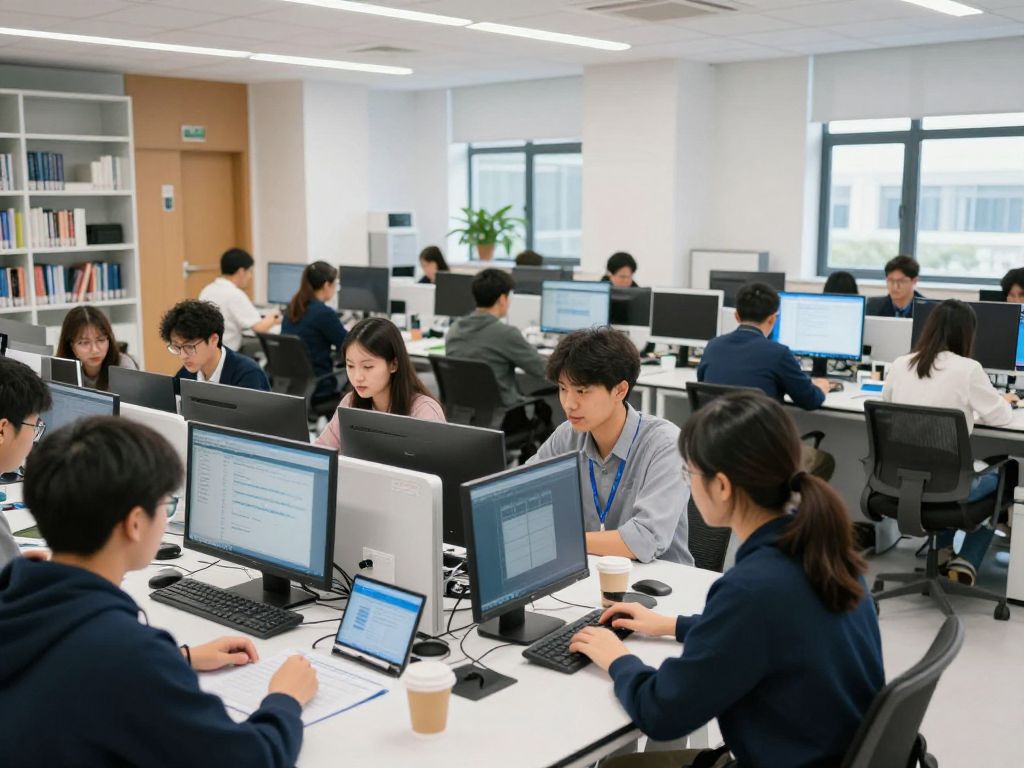 Students collaborating in a university research center